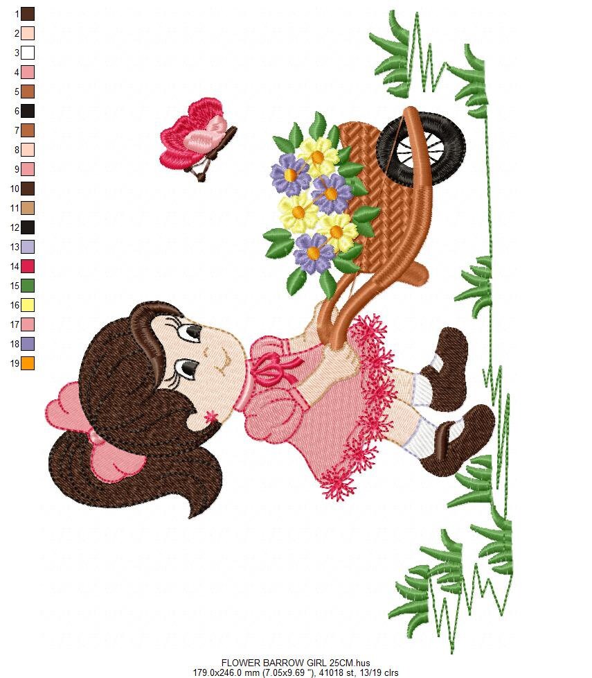Girl embroidery designs - Flower girl machine embroidery pattern - Baby Girl with flower cart file - Instant digital download pes jef dst
