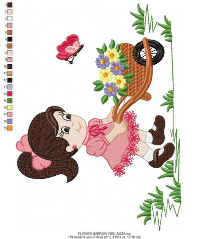 Girl embroidery designs - Flower girl machine embroidery pattern - Baby Girl with flower cart file - Instant digital download pes jef dst