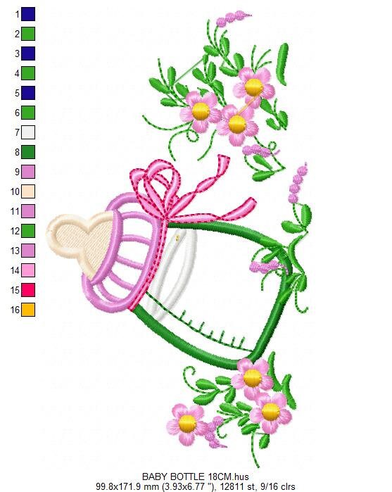 Baby bottle with flowers embroidery design - Newborn Feeding Bottle machine embroidery pattern - Gender Reveal party - Instant download pes