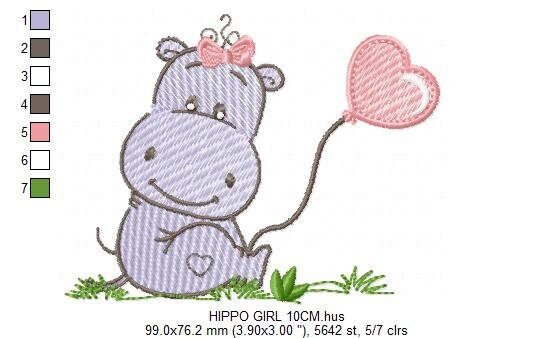 Hippo embroidery designs - Safari wild animal machine embroidery pattern - Baby girl and boy animal with balloon file - Instant download pes