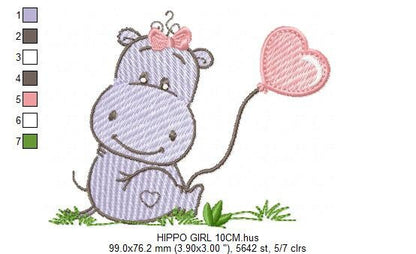 Hippo embroidery designs - Safari wild animal machine embroidery pattern - Baby girl and boy animal with balloon file - Instant download pes