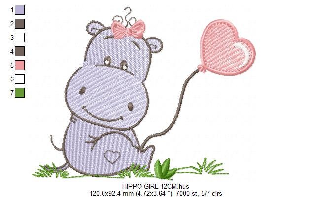 Hippo embroidery designs - Safari wild animal machine embroidery pattern - Baby girl and boy animal with balloon file - Instant download pes