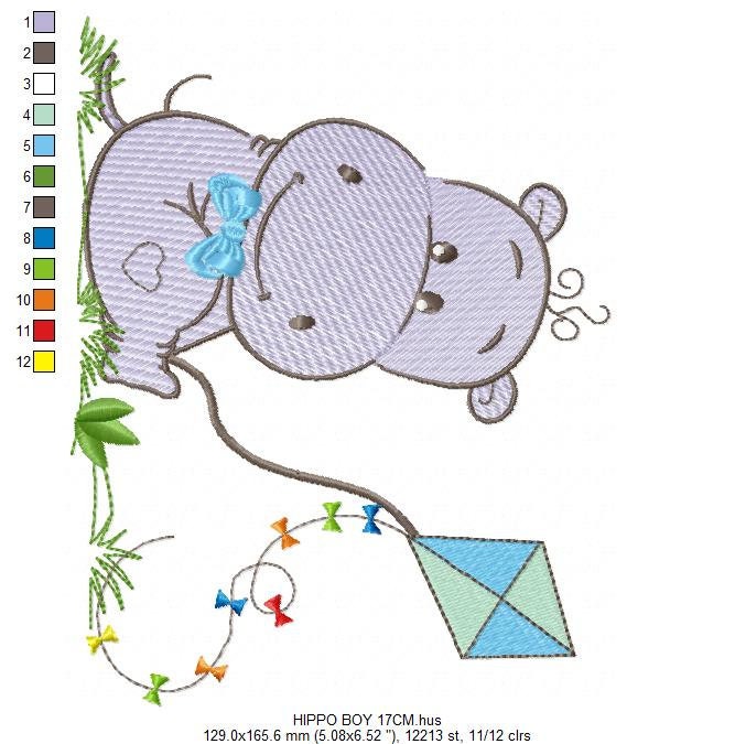 Hippo embroidery designs - Safari wild animal machine embroidery pattern - Baby girl and boy animal with balloon file - Instant download pes