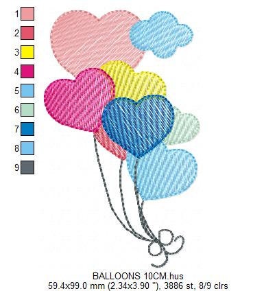 Birthday Party Balloon embroidery design - Balloons machine embroidery pattern - Heart balloon with clouds - Instant digital download pes
