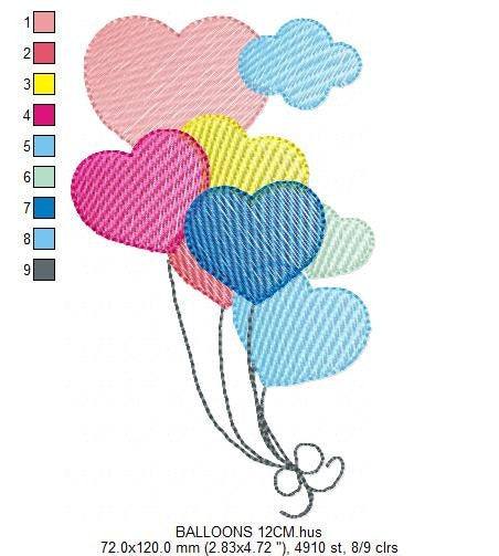 Birthday Party Balloon embroidery design - Balloons machine embroidery pattern - Heart balloon with clouds - Instant digital download pes