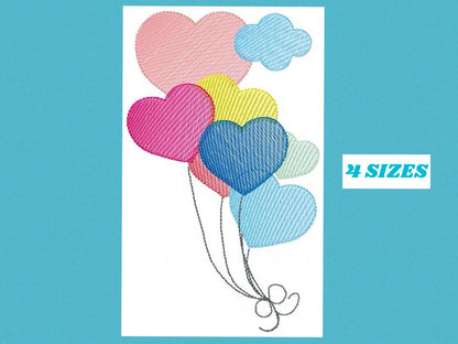 Birthday Party Balloon embroidery design - Balloons machine embroidery pattern - Heart balloon with clouds - Instant digital download pes