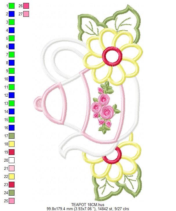 Teapot with flowers applique embroidery design - Kitchen Towel machine embroidery pattern - teakettle Boiler - Instant download pes jef dst