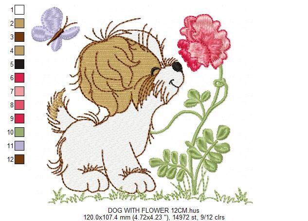 Dog with flower embroidery designs - Shih tzu with rose machine embroidery pattern - Pet Puppy file - Instant digital download pes jef dst