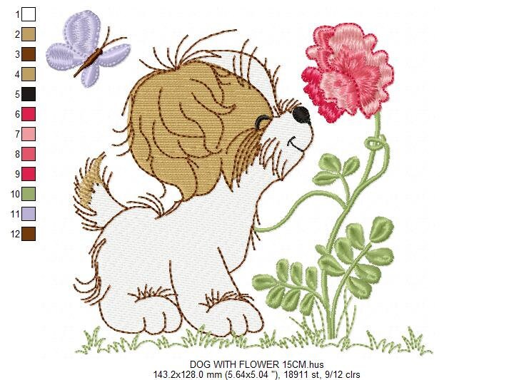 Dog with flower embroidery designs - Shih tzu with rose machine embroidery pattern - Pet Puppy file - Instant digital download pes jef dst