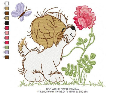 Dog with flower embroidery designs - Shih tzu with rose machine embroidery pattern - Pet Puppy file - Instant digital download pes jef dst