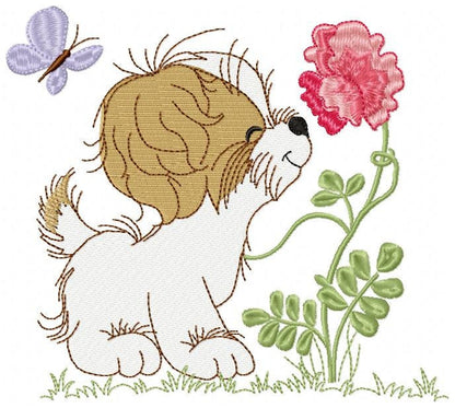 Dog with flower embroidery designs - Shih tzu with rose machine embroidery pattern - Pet Puppy file - Instant digital download pes jef dst