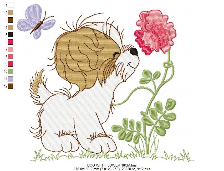 Dog with flower embroidery designs - Shih tzu with rose machine embroidery pattern - Pet Puppy file - Instant digital download pes jef dst