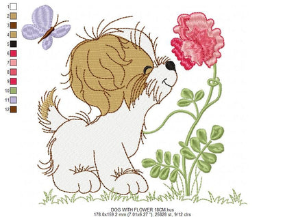 Dog with flower embroidery designs - Shih tzu with rose machine embroidery pattern - Pet Puppy file - Instant digital download pes jef dst