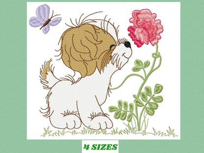 Dog with flower embroidery designs - Shih tzu with rose machine embroidery pattern - Pet Puppy file - Instant digital download pes jef dst