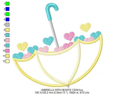 Umbrella with hearts embroidery designs - Umbrella applique machine embroidery pattern - Girl Umbrella applique - Instant download pes jef
