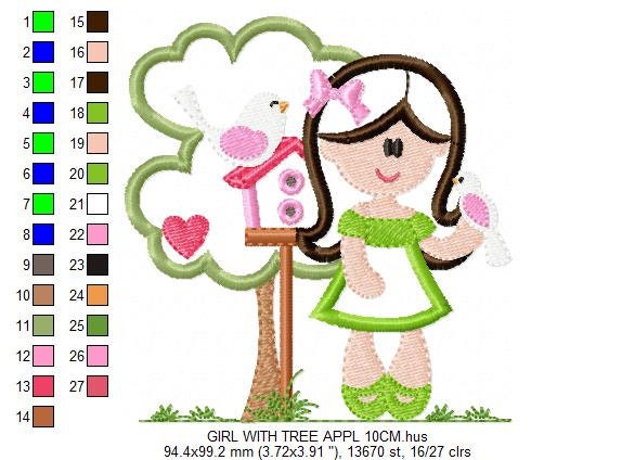 Girl with tree and birdhouse embroidery designs - Girl with birds embroidery design machine embroidery pattern - instant digital download - Marcia Embroidery