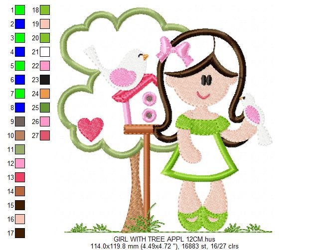 Girl with tree and birdhouse embroidery designs - Girl with birds embroidery design machine embroidery pattern - instant digital download - Marcia Embroidery