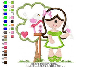 Girl with tree and birdhouse embroidery designs - Girl with birds embroidery design machine embroidery pattern - instant digital download