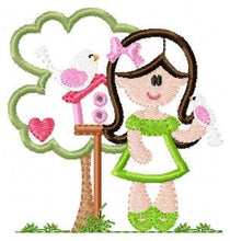 Load image into Gallery viewer, Girl with tree and birdhouse embroidery designs - Girl with birds embroidery design machine embroidery pattern - instant digital download
