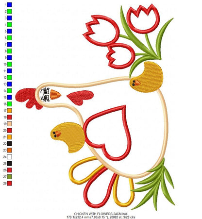 Chicken with flowers embroidery designs - Farm animal embroidery design machine embroidery pattern - Chicken applique - Instant download pes