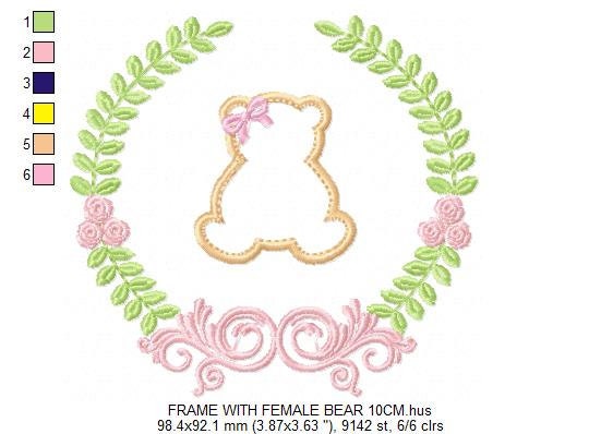 Bear with wreath embroidery design - Teddy Bear with laurel frame machine embroidery pattern - baby girl and boy file - Instant download pes