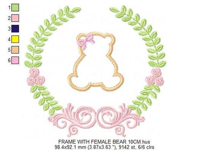Bear with wreath embroidery design - Teddy Bear with laurel frame machine embroidery pattern - baby girl and boy file - Instant download pes
