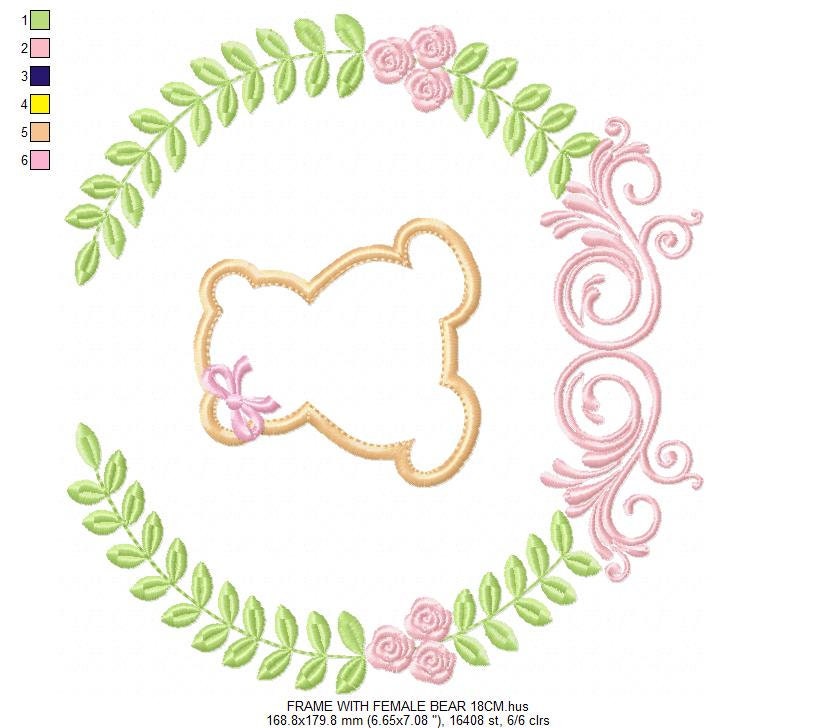 Bear with wreath embroidery design - Teddy Bear with laurel frame machine embroidery pattern - baby girl and boy file - Instant download pes