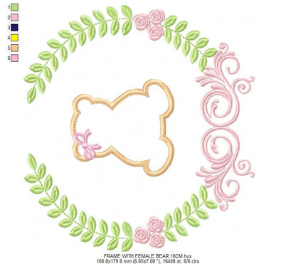Bear with wreath embroidery design - Teddy Bear with laurel frame machine embroidery pattern - baby girl and boy file - Instant download pes