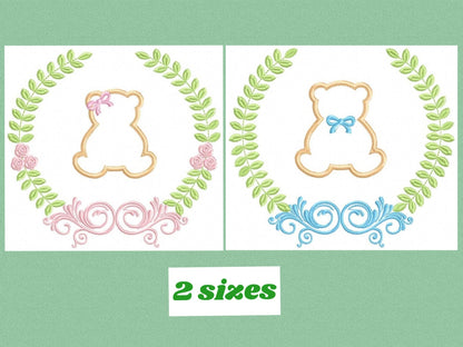Bear with wreath embroidery design - Teddy Bear with laurel frame machine embroidery pattern - baby girl and boy file - Instant download pes