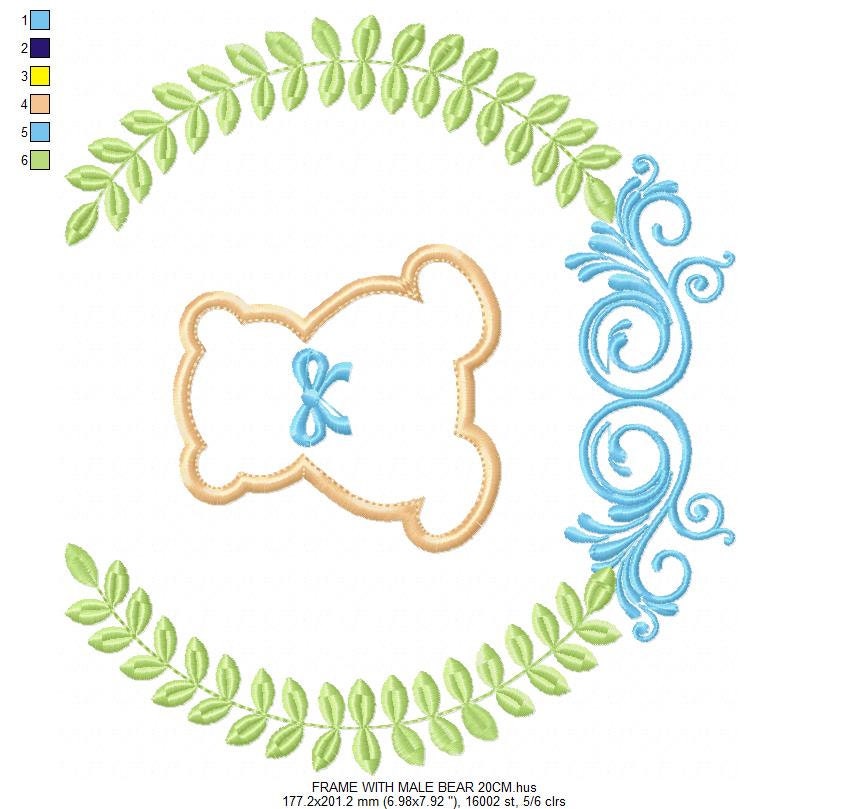 Bear with wreath embroidery design - Teddy Bear with laurel frame machine embroidery pattern - baby girl and boy file - Instant download pes
