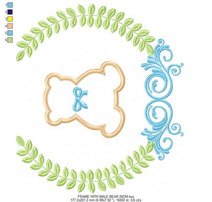 Bear with wreath embroidery design - Teddy Bear with laurel frame machine embroidery pattern - baby girl and boy file - Instant download pes