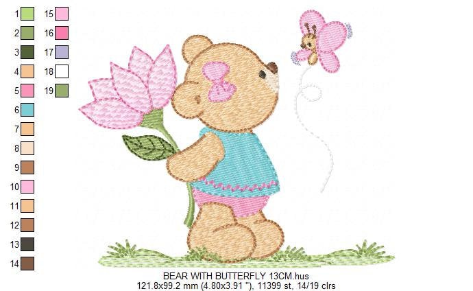 Teddy Bear embroidery designs - Baby girl embroidery design machine embroidery pattern - Bear with butterfly embroidery file - digital file