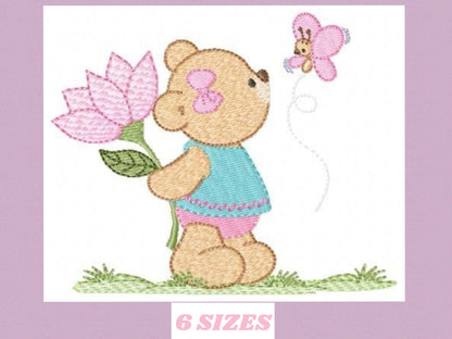 Teddy Bear embroidery designs - Baby girl embroidery design machine embroidery pattern - Bear with butterfly embroidery file - digital file
