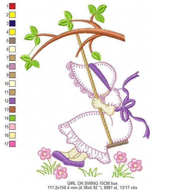 Sunbonnet embroidery designs - Girl on swing embroidery design machine embroidery pattern - Tree and flowers - Instant download pes jef dst