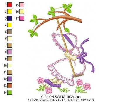 Sunbonnet embroidery designs - Girl on swing embroidery design machine embroidery pattern - Tree and flowers - Instant download pes jef dst
