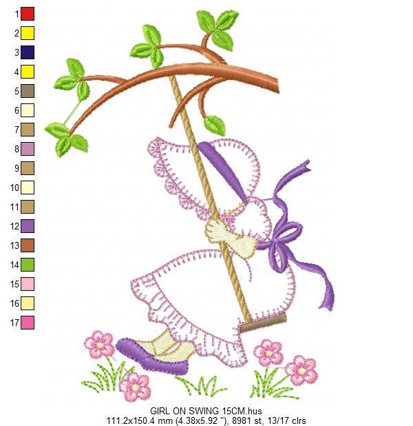 Sunbonnet embroidery designs - Girl on swing embroidery design machine embroidery pattern - Tree and flowers - Instant download pes jef dst