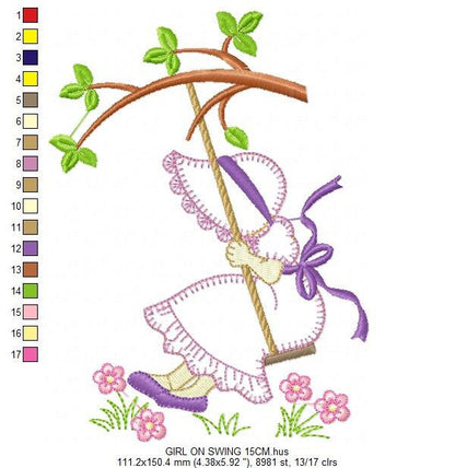 Sunbonnet embroidery designs - Girl on swing embroidery design machine embroidery pattern - Tree and flowers - Instant download pes jef dst