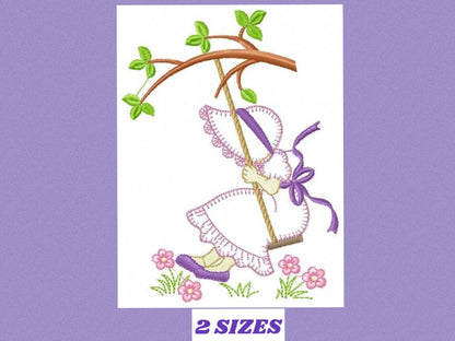 Sunbonnet embroidery designs - Girl on swing embroidery design machine embroidery pattern - Tree and flowers - Instant download pes jef dst
