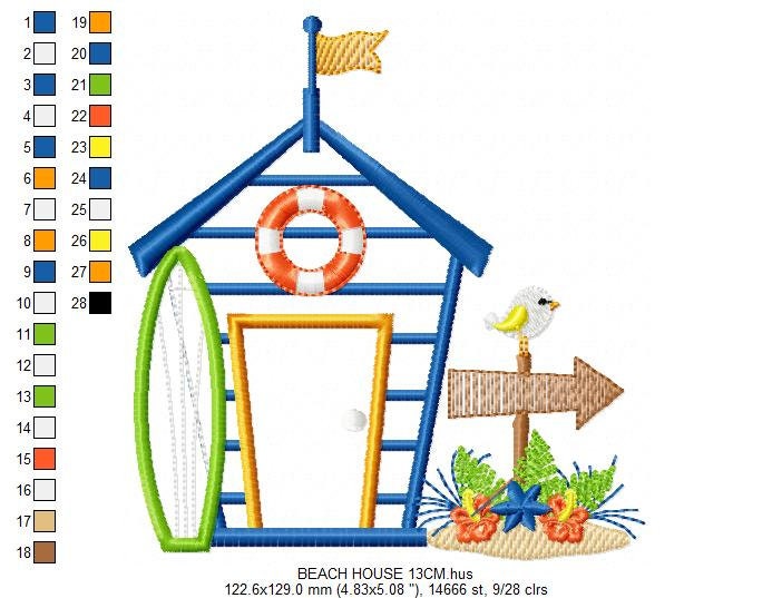 Beach House embroidery designs - Surfer board machine embroidery pattern - Surf embroidery file - Beach house applique - Instant download