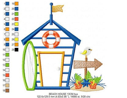 Beach House embroidery designs - Surfer board machine embroidery pattern - Surf embroidery file - Beach house applique - Instant download