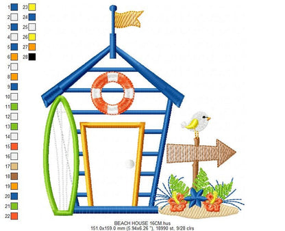 Beach House embroidery designs - Surfer board machine embroidery pattern - Surf embroidery file - Beach house applique - Instant download