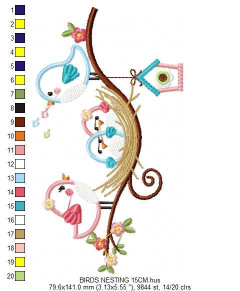 Birds nest embroidery designs - Bird family with kids machine embroidery pattern - Baby girl and boy file - Instant digital download pes jef