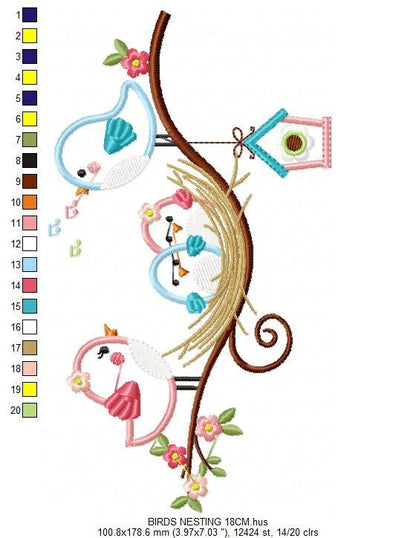 Birds nest embroidery designs - Bird family with kids machine embroidery pattern - Baby girl and boy file - Instant digital download pes jef