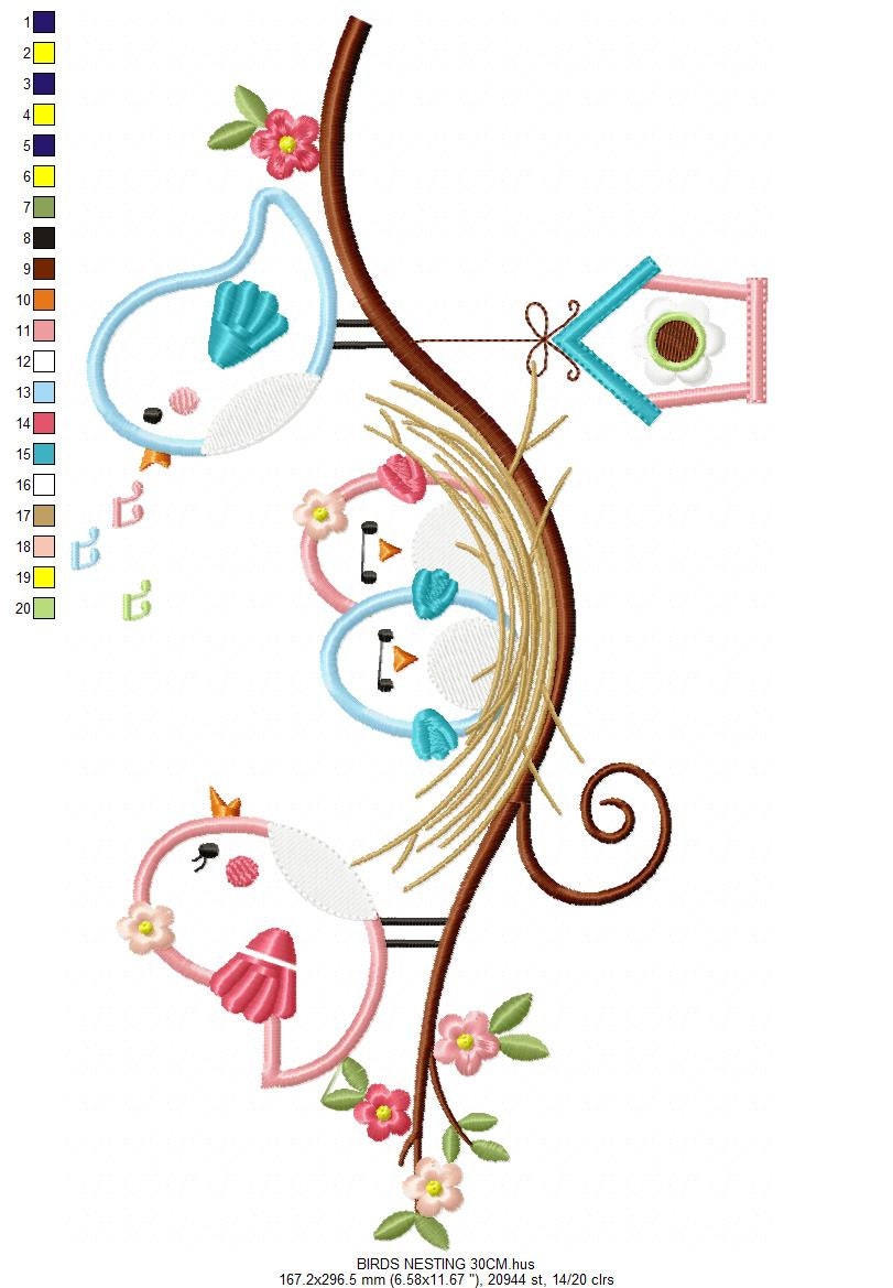 Birds nest embroidery designs - Bird family with kids machine embroidery pattern - Baby girl and boy file - Instant digital download pes jef