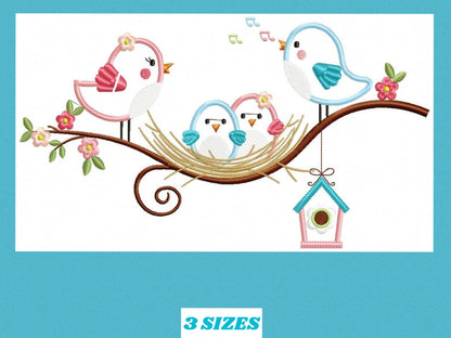 Birds nest embroidery designs - Bird family with kids machine embroidery pattern - Baby girl and boy file - Instant digital download pes jef