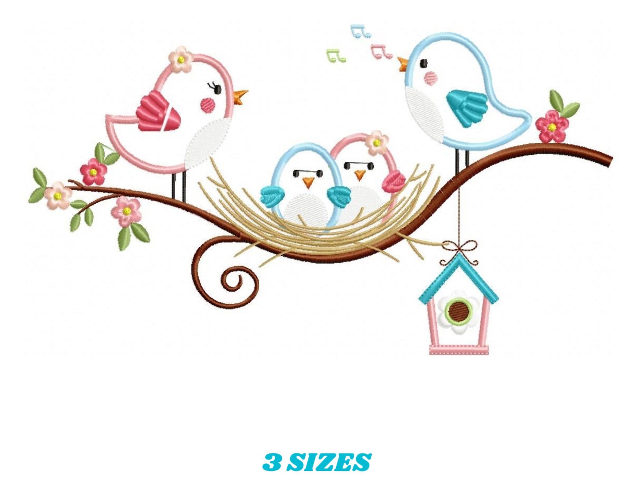 Birds nest embroidery designs - Bird family with kids machine embroidery pattern - Baby girl and boy file - Instant digital download pes jef
