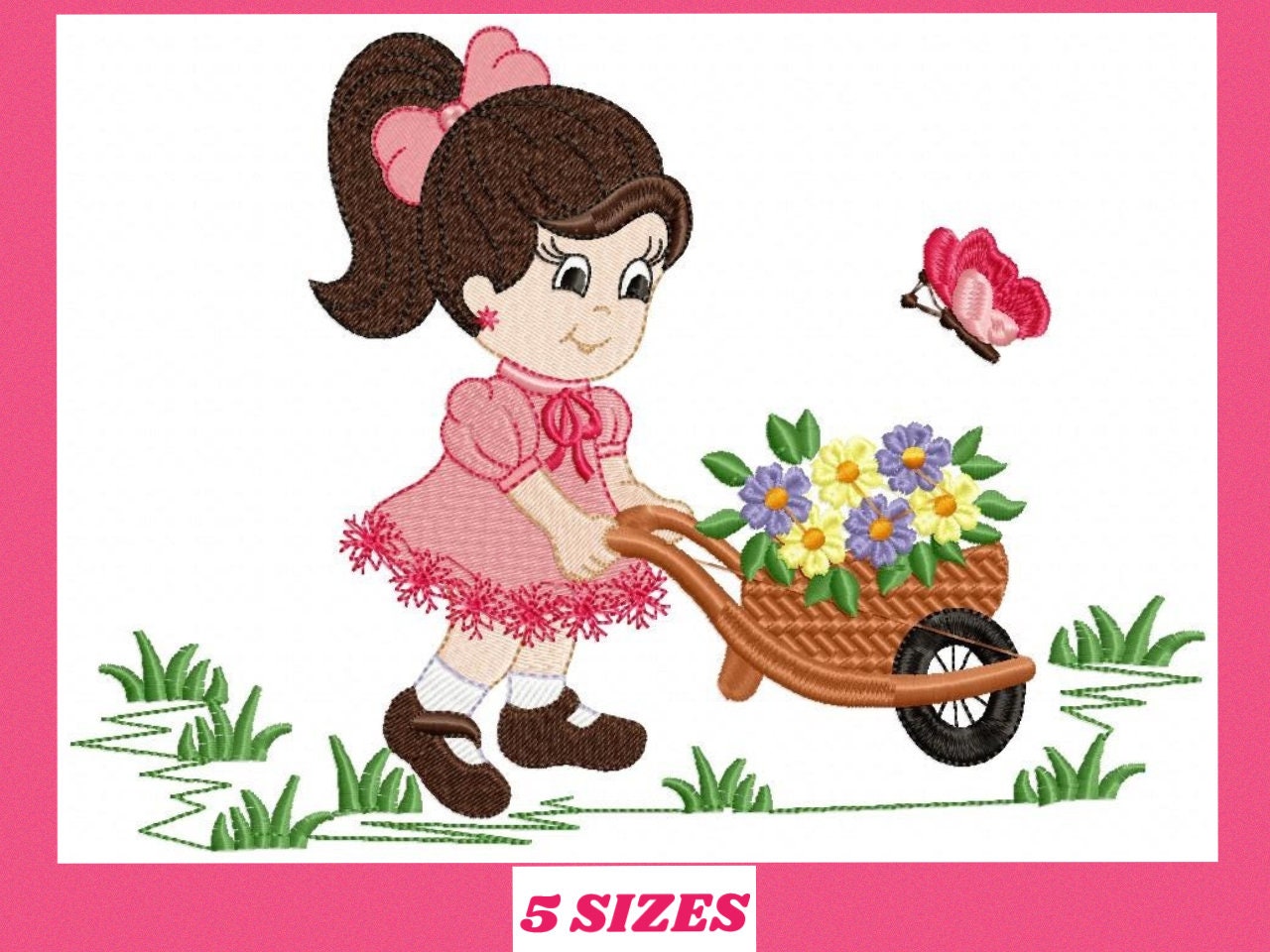 Girl embroidery designs - Flower girl machine embroidery pattern - Baby Girl with flower cart file - Instant digital download pes jef dst