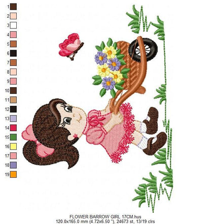Girl embroidery designs - Flower girl machine embroidery pattern - Baby Girl with flower cart file - Instant digital download pes jef dst