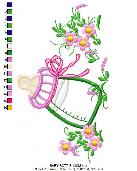 Baby bottle with flowers embroidery design - Newborn Feeding Bottle machine embroidery pattern - Gender Reveal party - Instant download pes