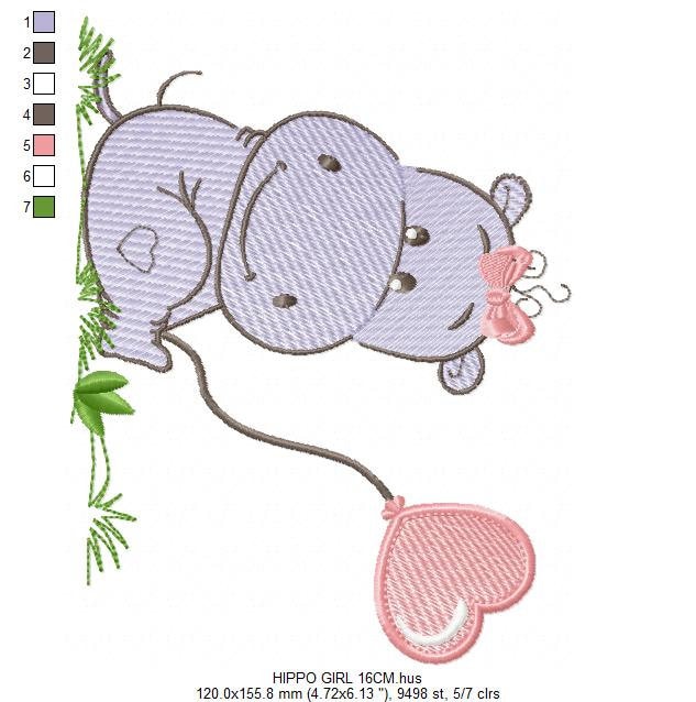 Hippo embroidery designs - Safari wild animal machine embroidery pattern - Baby girl and boy animal with balloon file - Instant download pes
